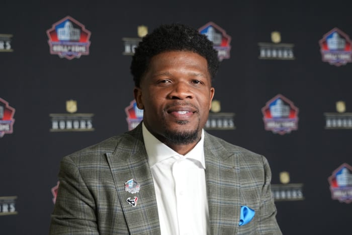Andre Johnson during the NFL Hall of Fame Class of 2024 press conference at Resorts World Theatre.
